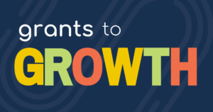 The words grants to growth appear on a blue background with curved lines