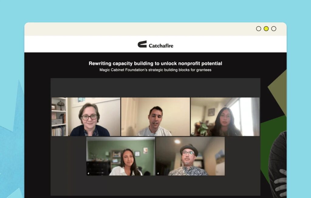 Three women and two men participate in a virtual webinar with the title 'Rewriting capacity building to unlock nonprofit potential' at the top of the screen.